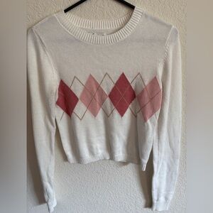Hollister Argyle Crew Neck Sweater - White and Pink